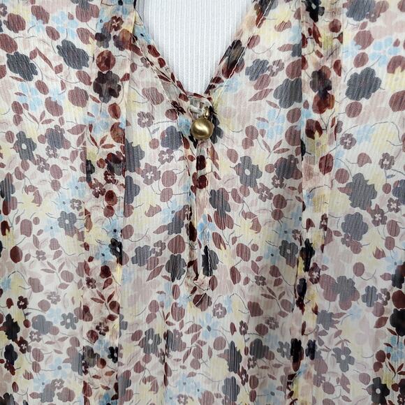 Theory Top Silk Bernetta Floral Crinkle Chiffon Tie Neck Sheer Long Sleeve Sz L - Picture 6 of 13